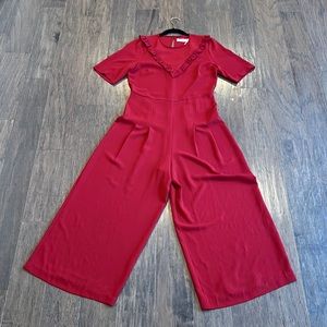 Traffic People Crimson Red Jumpsuit w/ wide legs and ruffle neck  | M